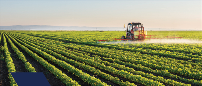 Campo agrícola com equipamento em operação
